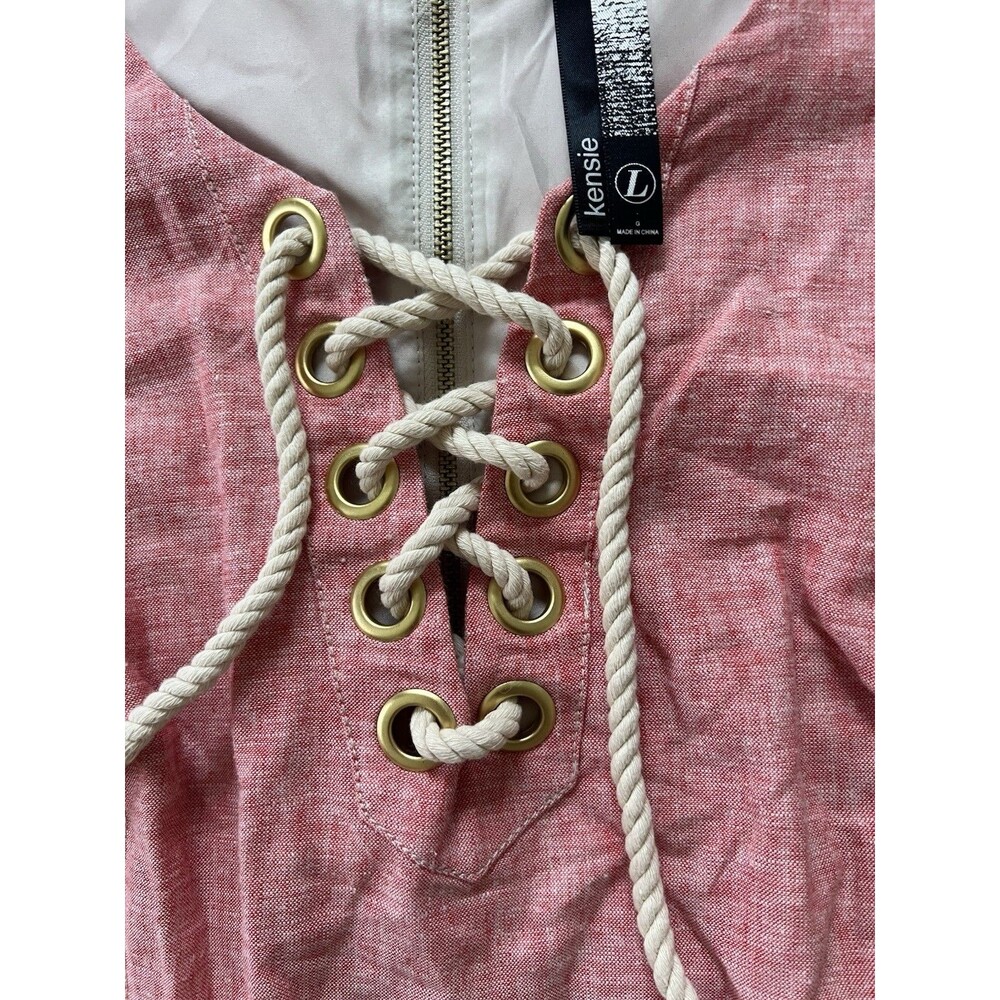 Kensie Linen Blend Mini Dress L NWT Coral Pink Lace Up Nautical Summer Sleeveles - Picture 10 of 12